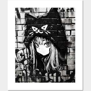 Kawaii Aesthetic Black And White Nekomimi Anime Cat Girl Graffiti Art Style Posters and Art